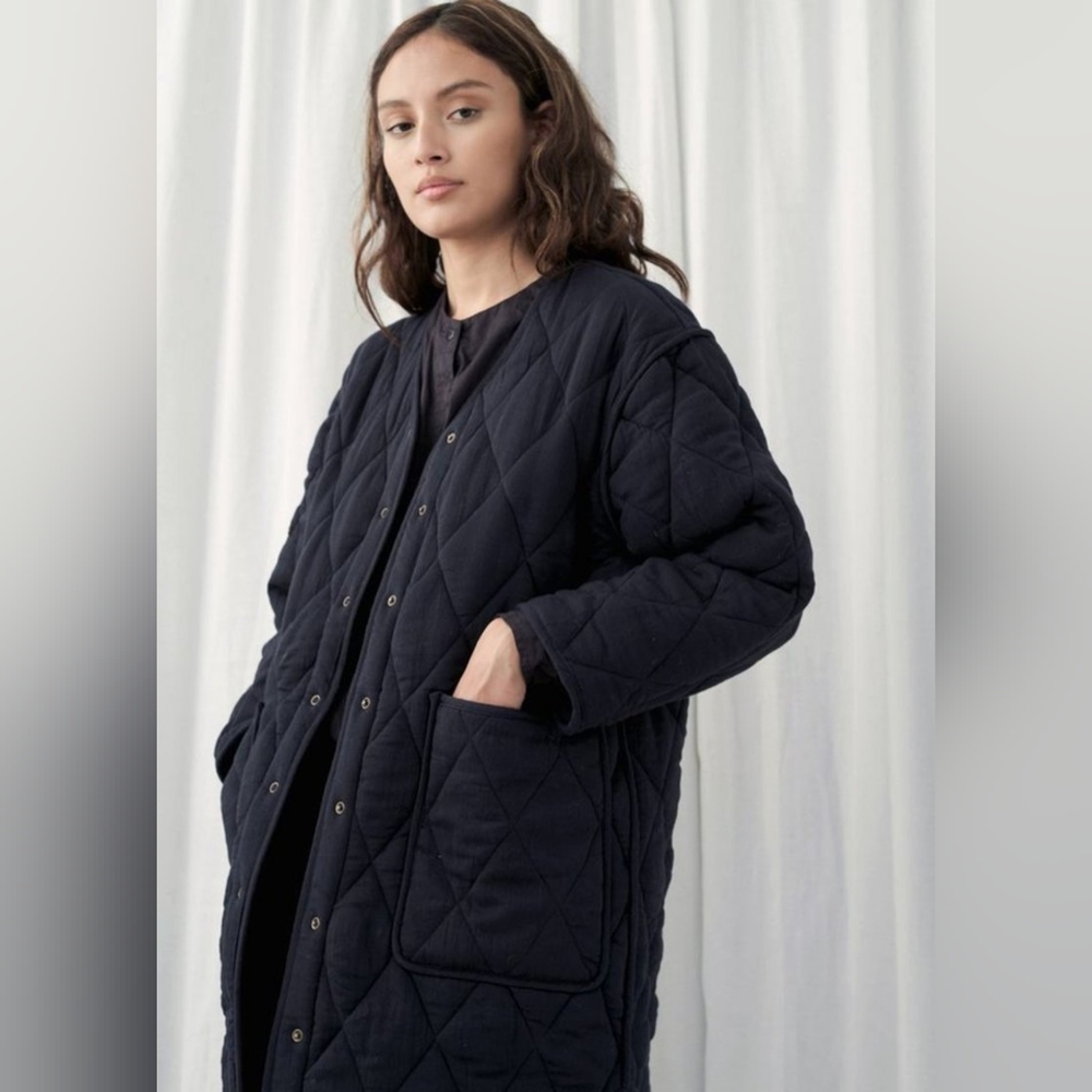 Micaela Greg Long Quilted Jacket in Deep Indigo